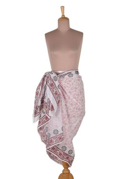 Alternate image for Cotton Sarong with Hand-Block Printed Floral and Vine Motifs Garden of Joy