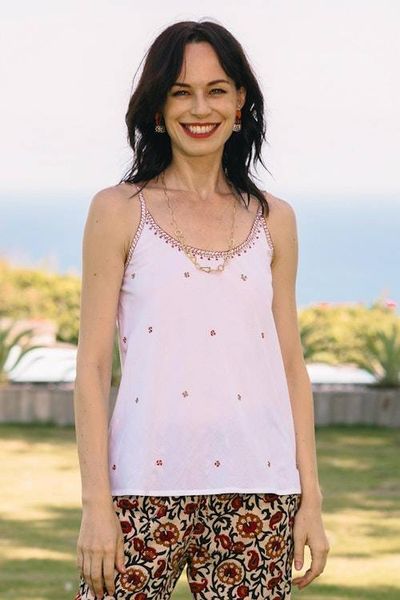 Alternate image for Cotton Camisole-Style Embroidered Tank Top Summer Blooms in Russet