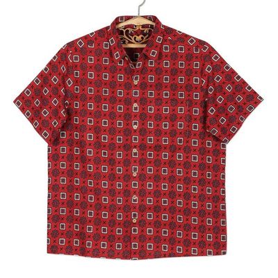 Alternate image for Mens Short-Sleeved Cotton Shirt from India Floral Labyrinth in Red