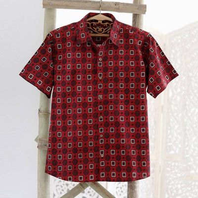 Alternate image for Mens Short-Sleeved Cotton Shirt from India Floral Labyrinth in Red