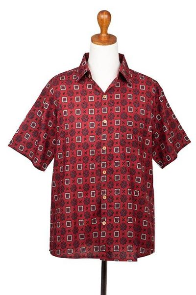 Alternate image for Mens Short-Sleeved Cotton Shirt from India Floral Labyrinth in Red