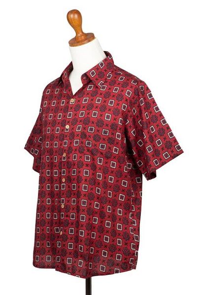 Alternate image for Mens Short-Sleeved Cotton Shirt from India Floral Labyrinth in Red