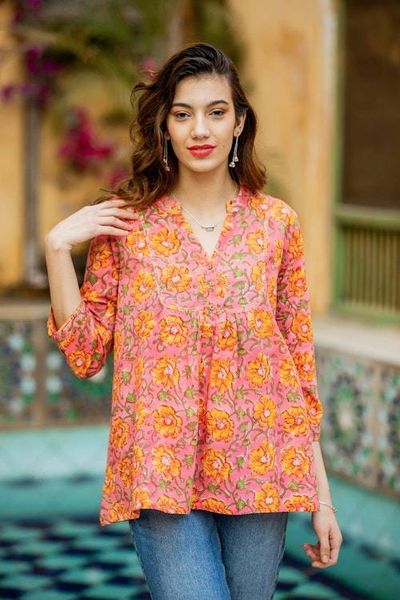 Alternate image for Block-Printed Floral Pink and Yellow Cotton Tunic from India Spring Morning Marigold