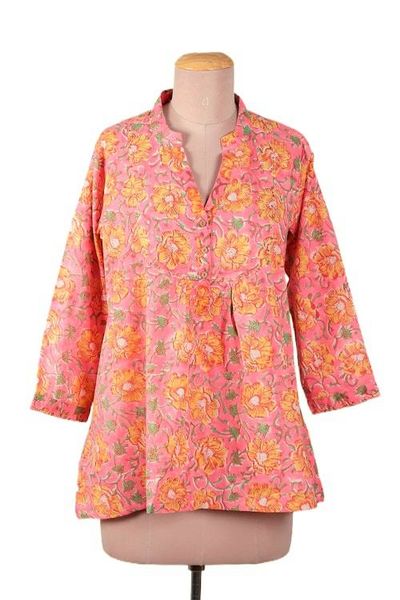 Alternate image for Block-Printed Floral Pink and Yellow Cotton Tunic from India Spring Morning Marigold