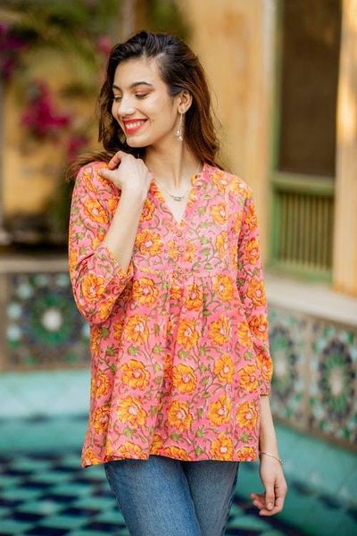 Alternate image for Block-Printed Floral Pink and Yellow Cotton Tunic from India Spring Morning Marigold