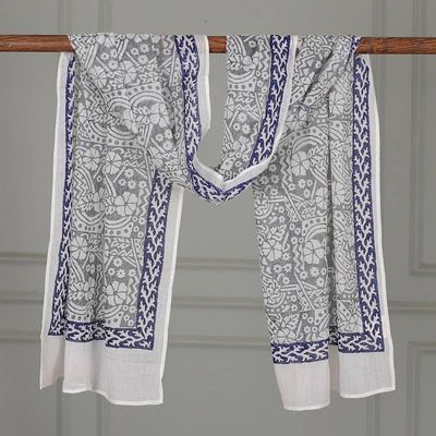 Alternate image for Vine Floral Grey Blue White Hand Block-Printed Cotton Shawl Floral Harmony