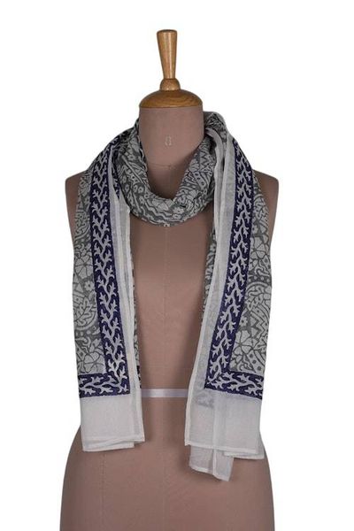 Alternate image for Vine Floral Grey Blue White Hand Block-Printed Cotton Shawl Floral Harmony