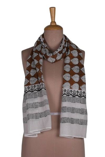 Alternate image for Leaf Floral and Square-Themed Block-Printed Cotton Shawl Earthy Elegance