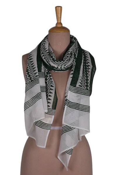 Alternate image for Hand Block-Printed Green White Cotton Shawl from India Forest Green