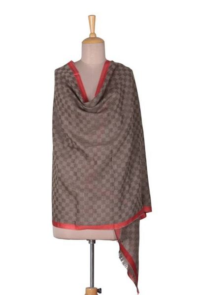 Alternate image for Checkerboard-Patterned Wool Shawl with Red Border and Fringe Checkered Delight