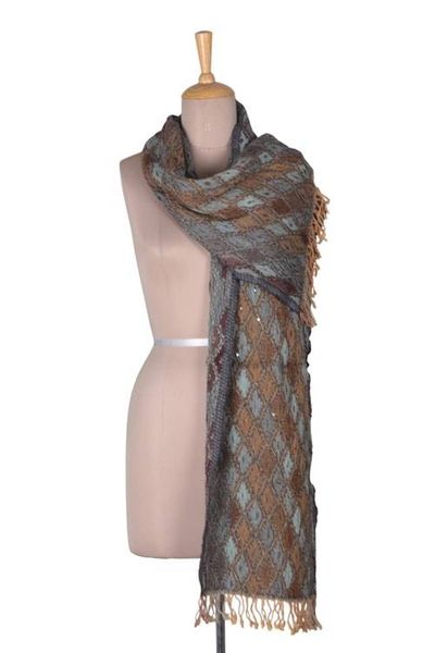 Alternate image for Geometric Textured Ruffled Wool Scarf with Sequin Accents Diamond Delight