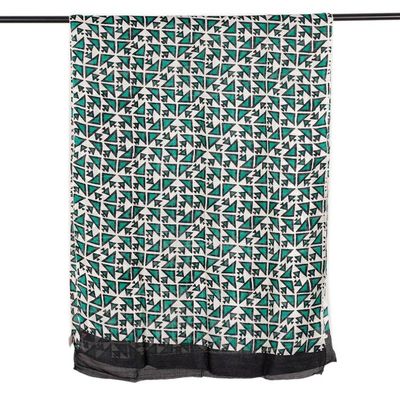 Alternate image for Geometric-Themed Handwoven Silk Shawl in Green Ivory Black Geometric Glory