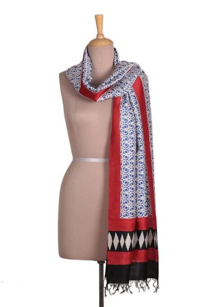 Alternate image for Geometric Modern Fringed Hand-Woven Block-Printed Silk Shawl Spiral Flair