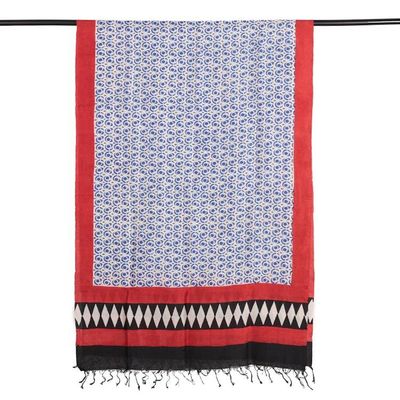 Alternate image for Geometric Modern Fringed Hand-Woven Block-Printed Silk Shawl Spiral Flair