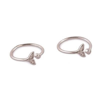 Alternate image for 2 Fish Tail-Themed Cubic Zirconia Silver Wrap Toe Rings Tail Twinkle