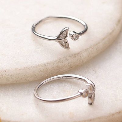Alternate image for 2 Fish Tail-Themed Cubic Zirconia Silver Wrap Toe Rings Tail Twinkle