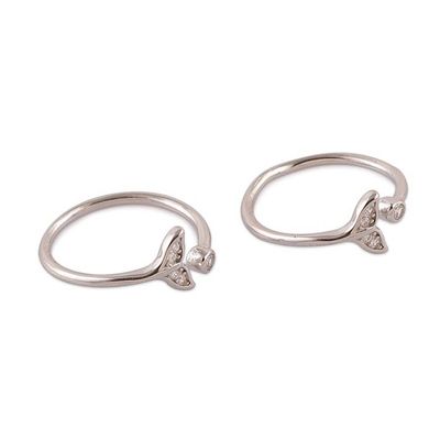 Alternate image for 2 Fish Tail-Themed Cubic Zirconia Silver Wrap Toe Rings Tail Twinkle