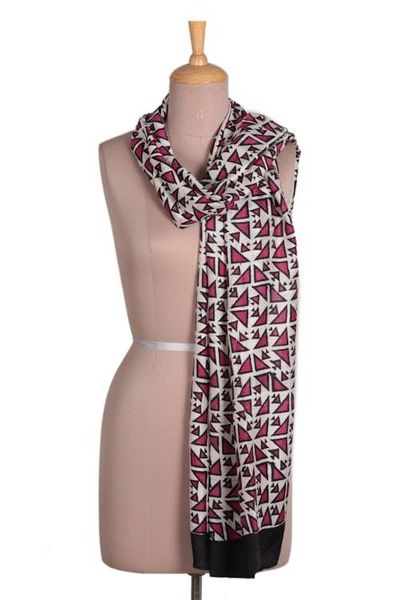 Alternate image for Hand-Woven and Block-Printed Silk Shawl with Geometric Theme Geometric Glamour