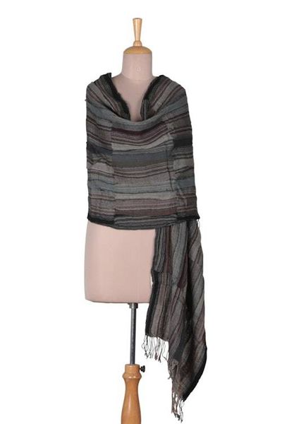 Alternate image for Striped Patchwork Fringed Woven Grey Brown Wool Shawl Evening Flair