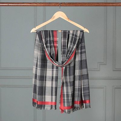Alternate image for Checkered Plaid Tartan Fringed Wool Shawl with Red Borders Checkered Elegance