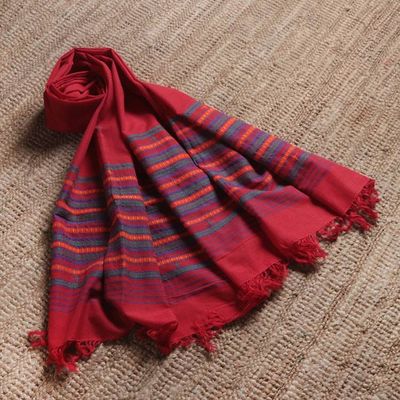 Alternate image for Handwoven 100 Cotton Fringed Shawl in a Candy Apple Red Hue Candy Apple Ways