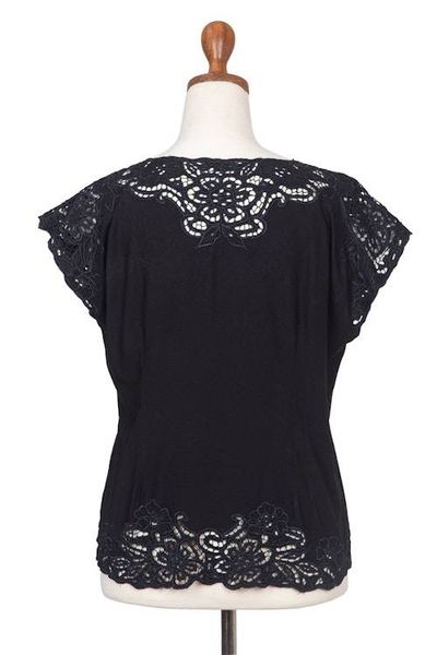 Alternate image for Floral Embroidered Rayon Blouse in Onyx from Bali Black Kusuma