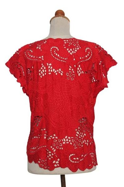 Alternate image for Red Floral Openwork and Embroidered Rayon Top Rose Mallow in Red