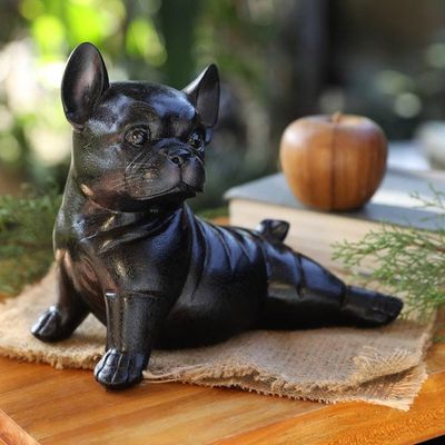 Main image for Hand-Painted Suar Wood Figurine of Stretching Black Bulldog Stretching Black Bulldog