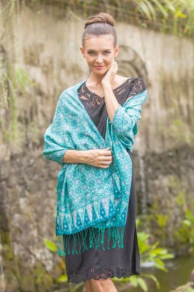 Main image for Blue and Green Traditional Hand-Stamped Batik Silk Shawl Kawung Biru