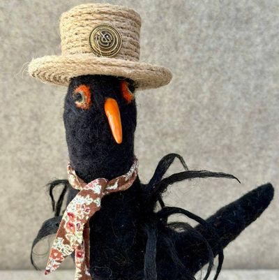 Main image for Black bird needle felted character named Blackthorn, an original gift with personality that will make you smile.