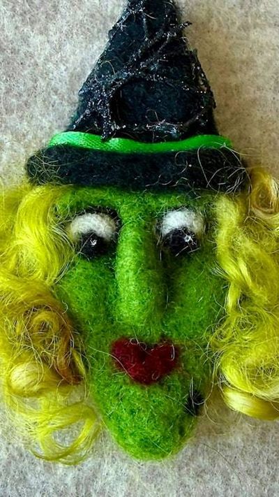 Main image for Handmade Needle Felted Witch Brooch – Whimsical Halloween Pin – Folk Art Wool Witch - Lulu Lemon-curl