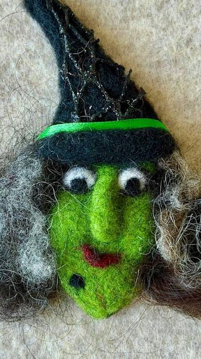 Main image for Handmade Needle Felted Witch Brooch – Whimsical Halloween Pin – Folk Art Wool Witch - Myrtle Moonbeam