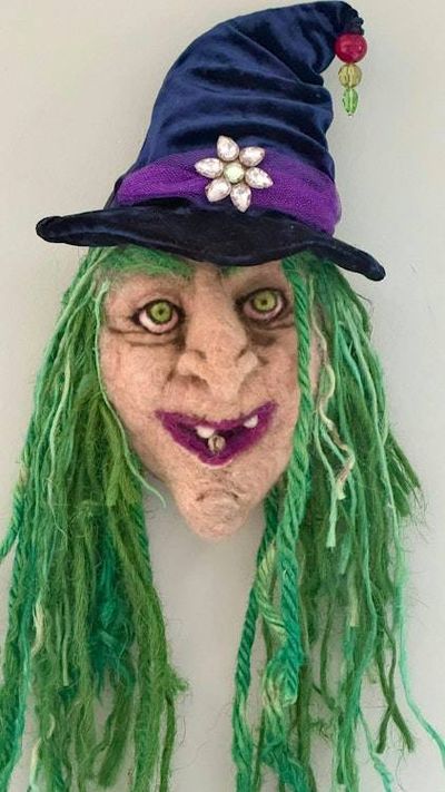 Main image for Handmade Needle Felted Witch Wall Hanging – Whimsical Folk Art Halloween Decor – Mixed Media Witch Face